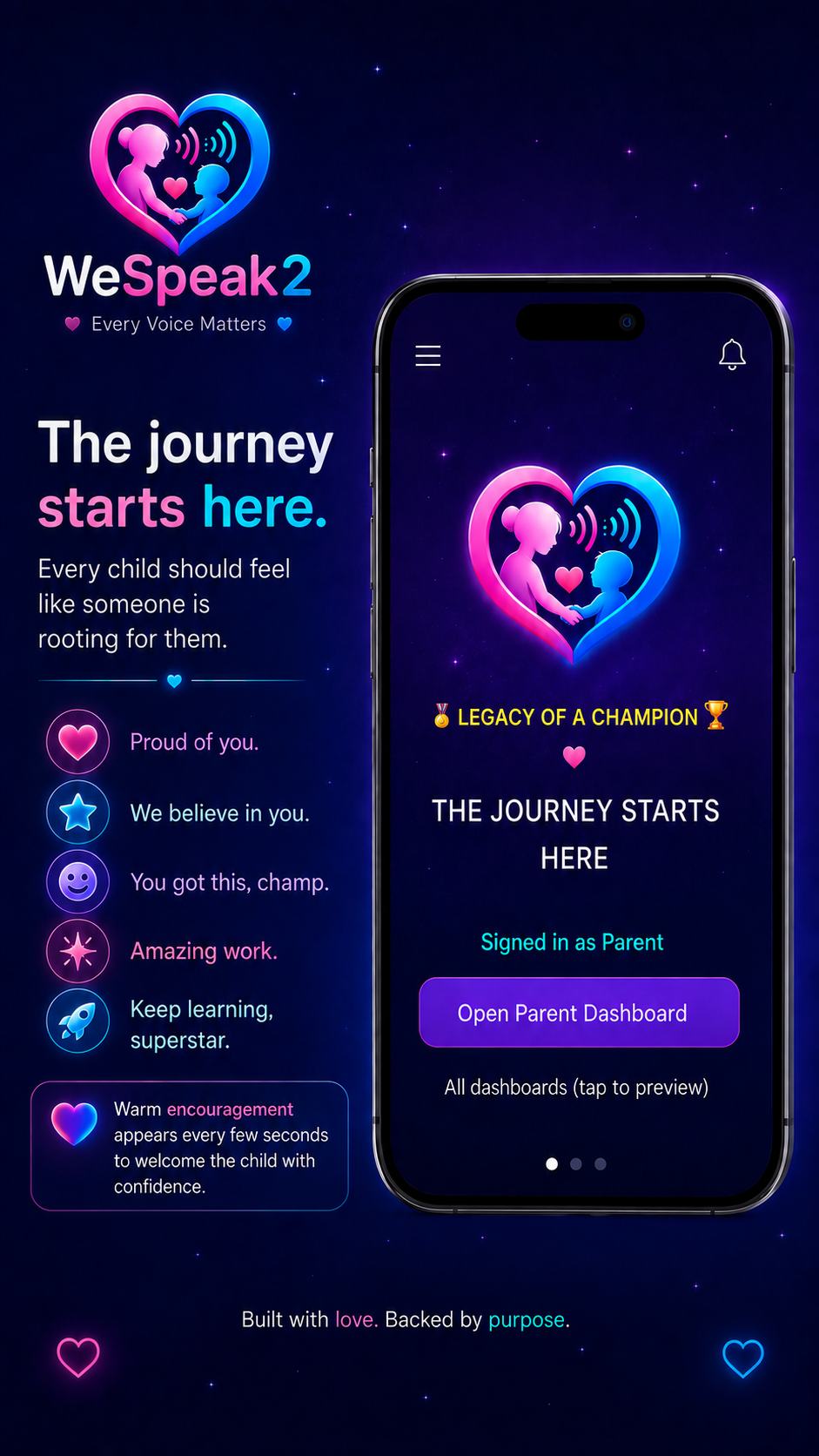 WeSpeak2 promotional artwork with encouraging messages for children