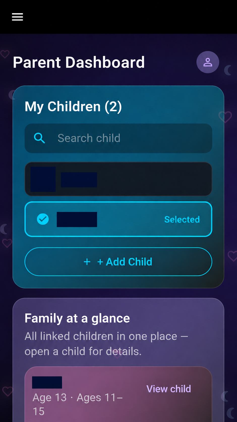 Parent Dashboard with children’s identifying information covered