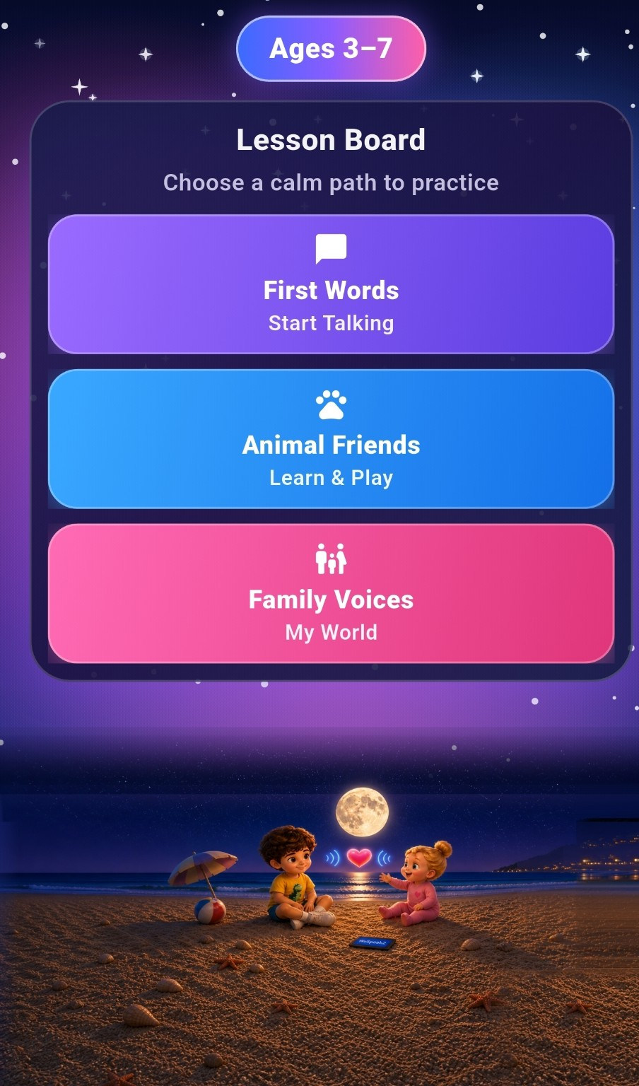 Ages 3–7 Lesson Board with First Words, Animal Friends, and Family Voices