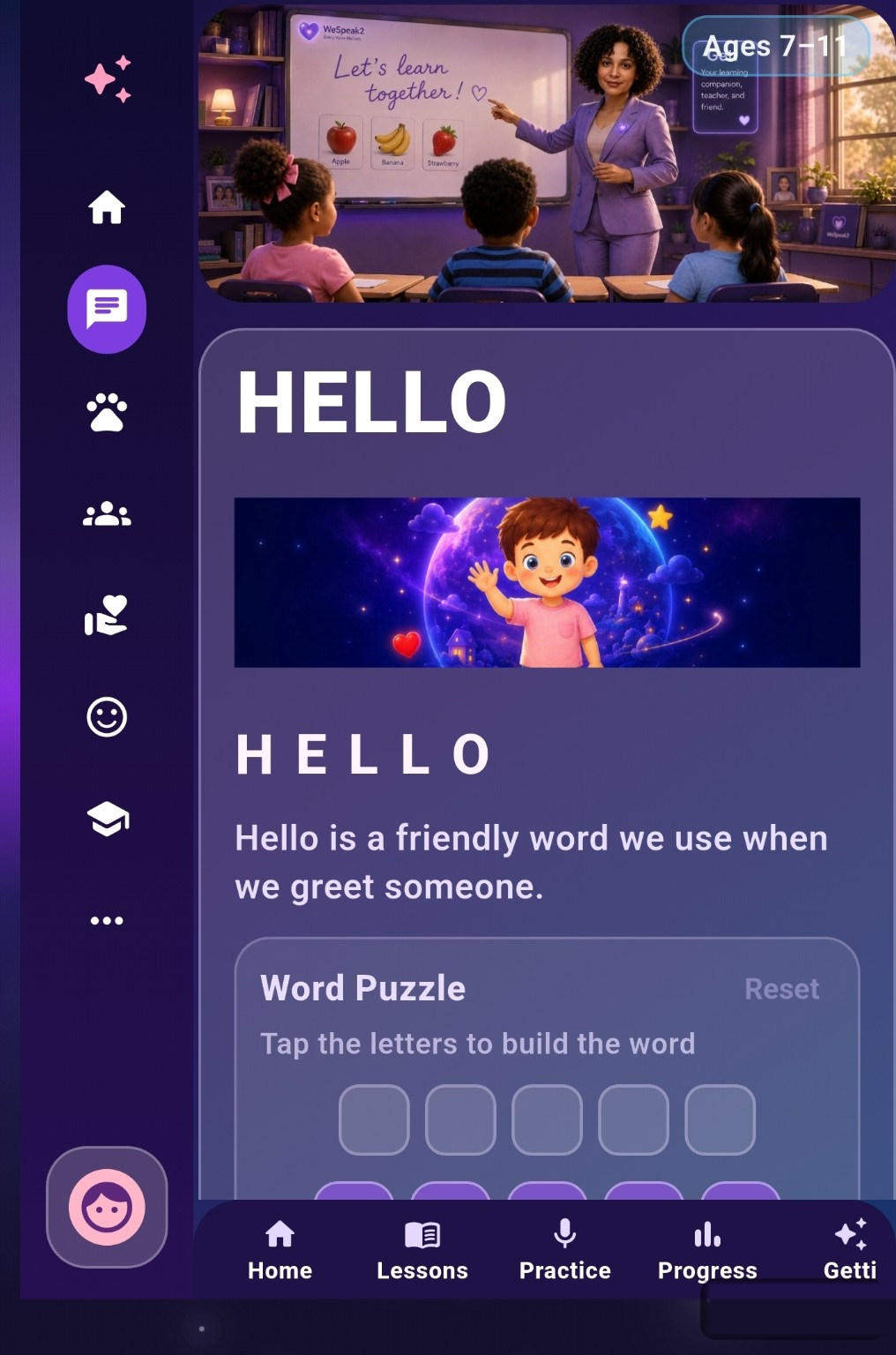 Ages 7–11 First Words lesson showing Hello and a word puzzle