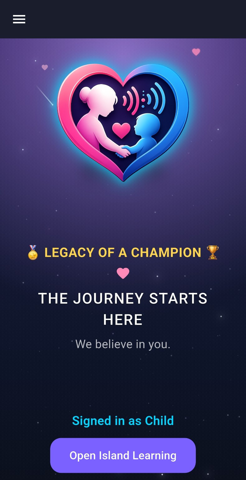 WeSpeak2 child welcome screen with the Legacy of a Champion emblem