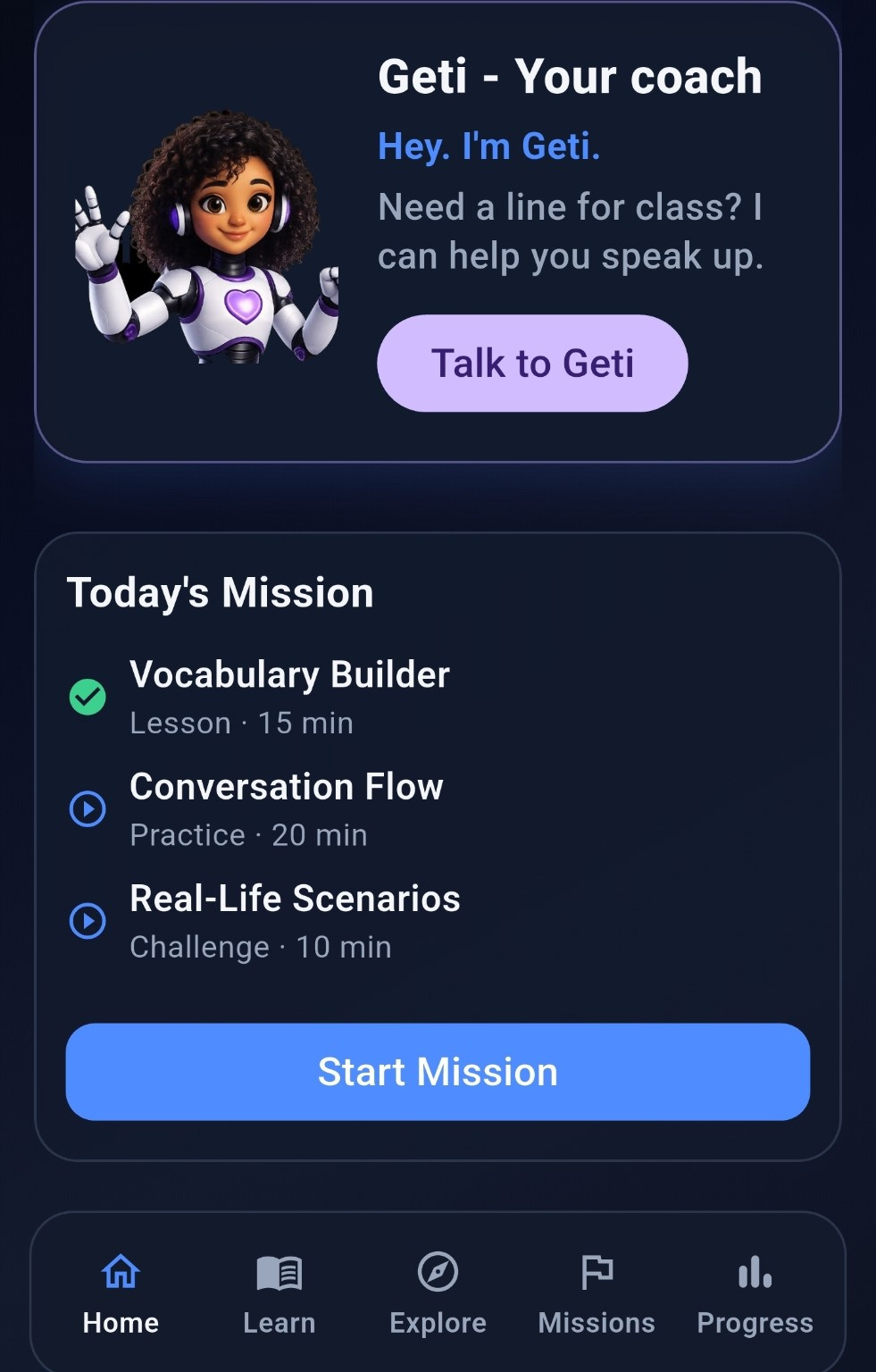 Geti coach card and Today's Mission on a child learning screen
